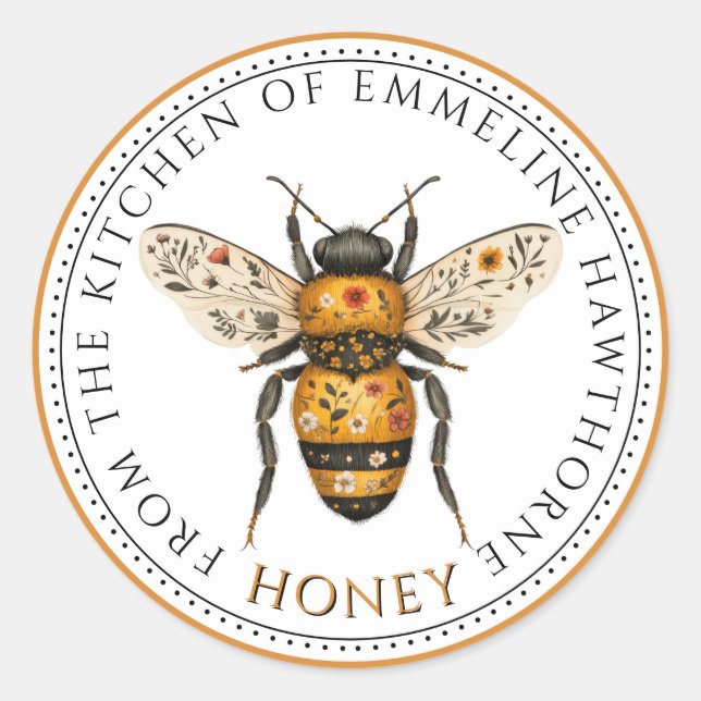 Sticker Rond Cute Honey Bee Floral Honey Label (Devant)