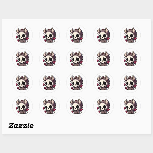 Sticker Rond Cute Horned Skull dégustez les papillons (Feuille)