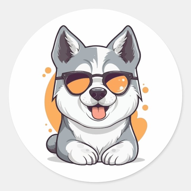 Sticker Rond Cute Husky Portant Des Lunettes De Soleil (Devant)