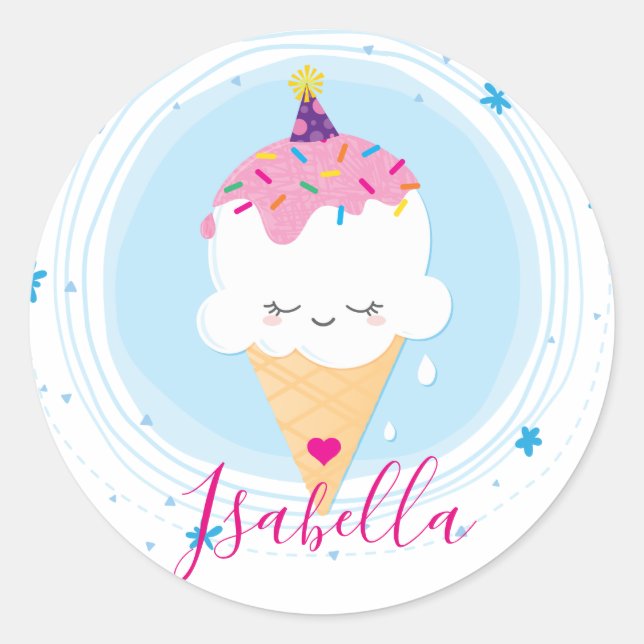 Sticker Rond CUTE ICECREAM CONE kawaii illustration arroses (Devant)