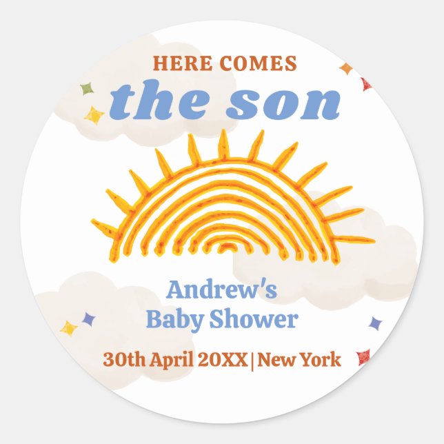 Sticker Rond Cute Ici Vient Le Baby shower Son Sunshine (Devant)