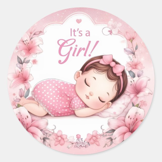 Sticker Rond Cute It’s a Girl Baby Announcement  (Devant)