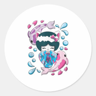 Sticker Rond Cute Japonais Kawaii Kokeshi Doll et Koi Fishers
