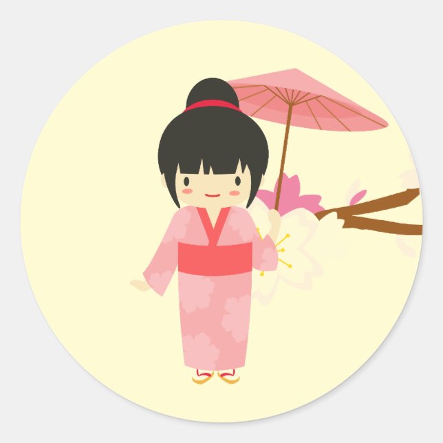 Sticker Rond Cute japonaise rose cerise Blossom Geisha (Devant)