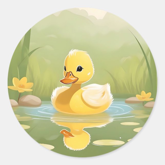 Sticker Rond Cute Jaune canard sur une journée tranquille (Devant)