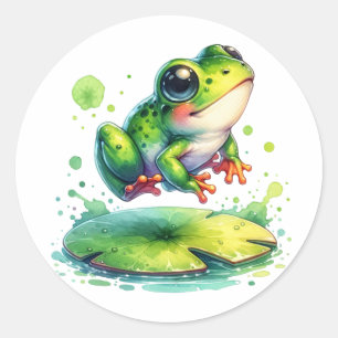 Sticker Rond Cute Jumping Frog Whimsical Ai Art
