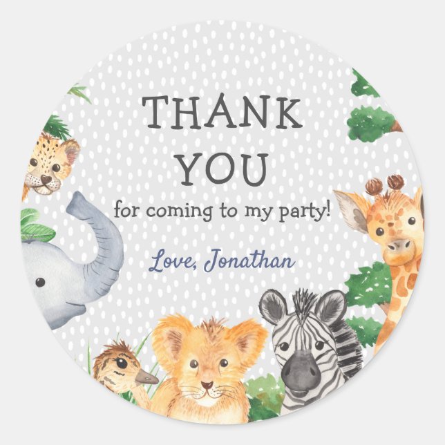 Sticker Rond Cute Jungle Animaux Merci fête d'anniversaire Favo (Devant)