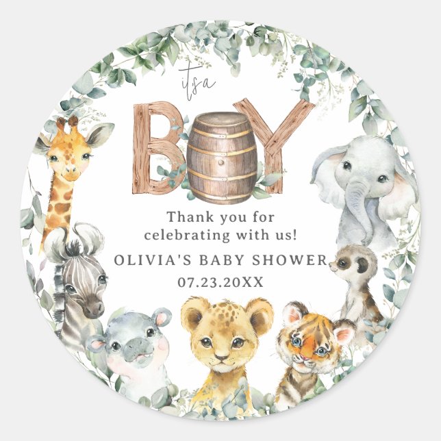 Sticker Rond Cute Jungle Animaux Végétation Boy Baby shower (Devant)