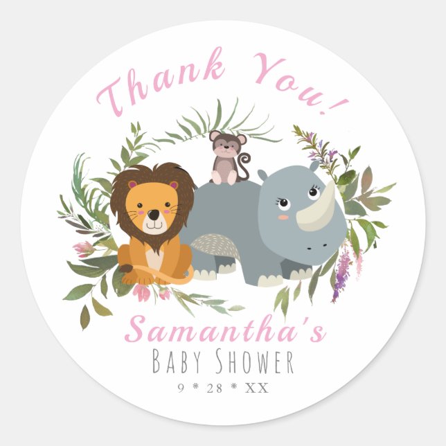 Sticker Rond Cute Jungle Safari Baby shower Merci (Devant)