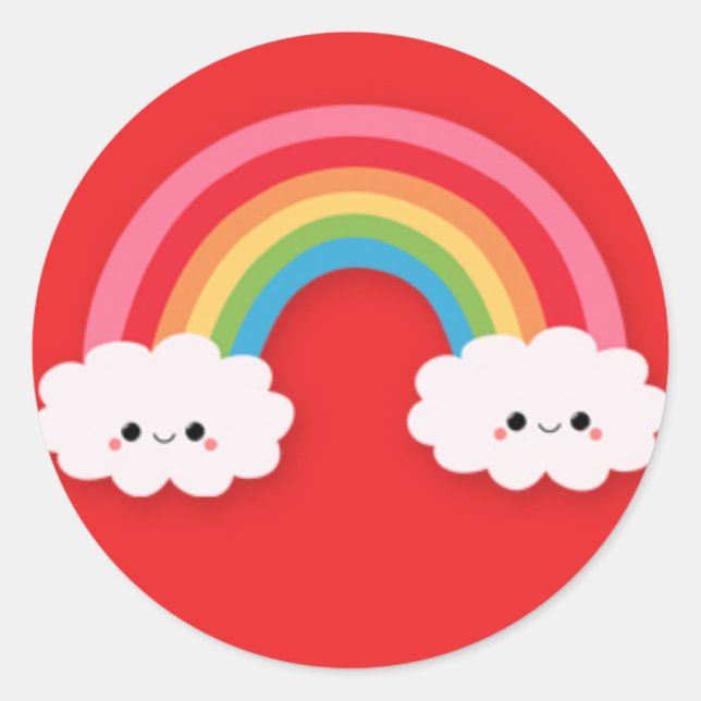 Sticker Rond Cute Kawaii arc-en-ciel et nuages sur rouge (Devant)