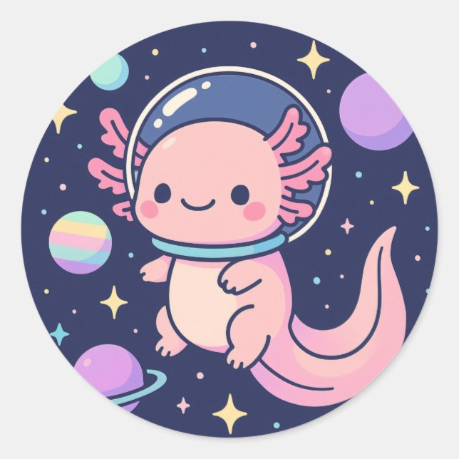 Sticker Rond Cute Kawaii Axolotl Astronaut - Avent spatial rétr (Devant)
