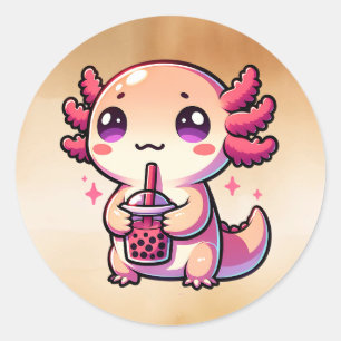 Sticker Rond Cute Kawaii Axolotl avec thé à bulle