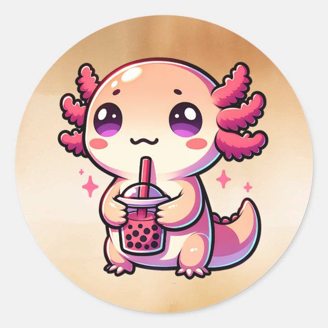Sticker Rond Cute Kawaii Axolotl avec thé à bulle (Devant)
