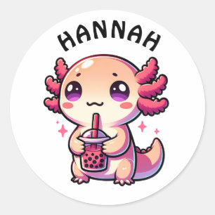 Sticker Rond Cute Kawaii Axolotl avec thé à bulle Personnalisé