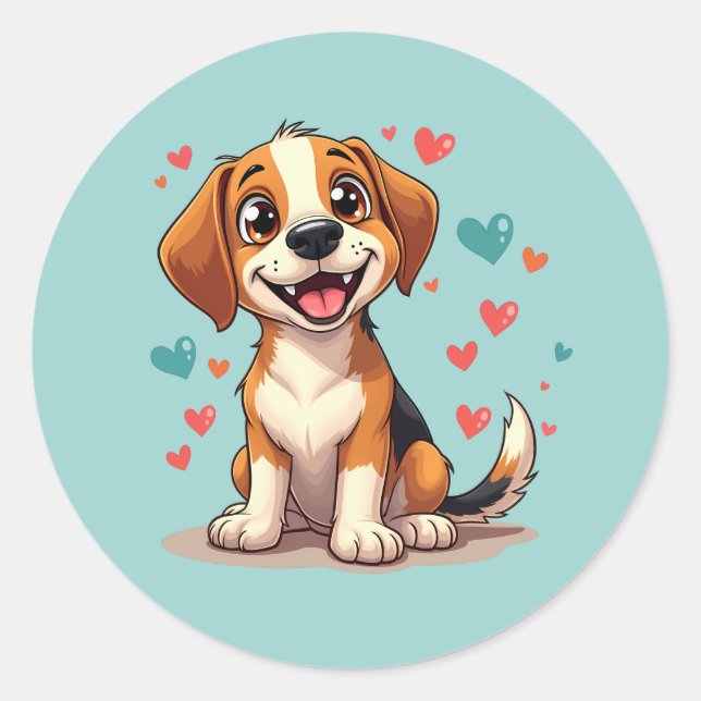 Sticker Rond Cute Kawaii Beagle avec Coeurs Jouer Chien (Devant)
