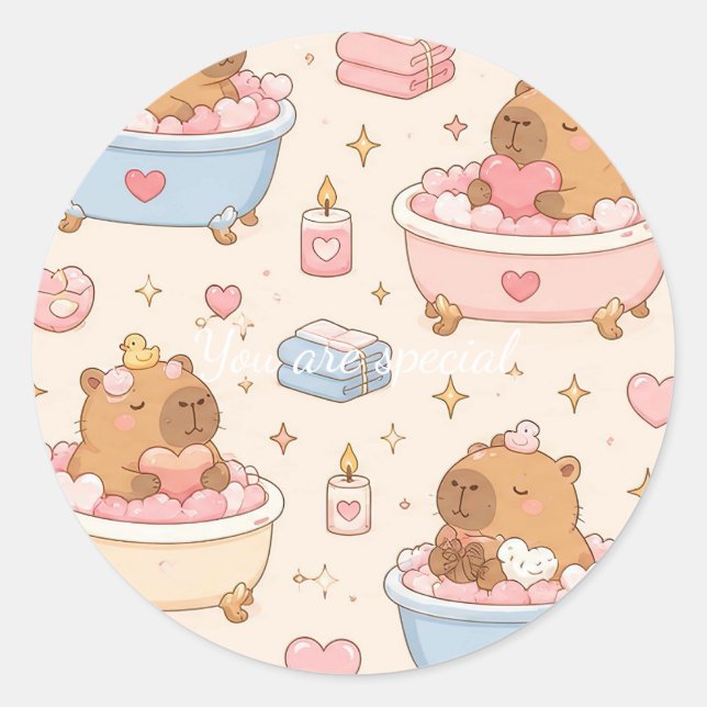 Sticker Rond Cute Kawaii Capybara Heart Bath Pattern (Devant)