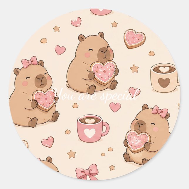 Sticker Rond Cute Kawaii Capybara Heart Cookie Pattern (Devant)
