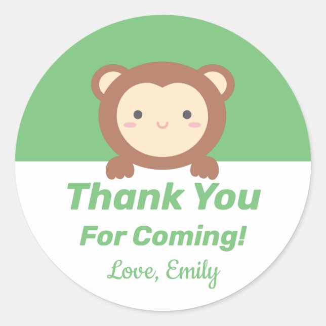 Sticker Rond Cute Kawaii Cartoon Monkey Merci Pour Venir (Devant)