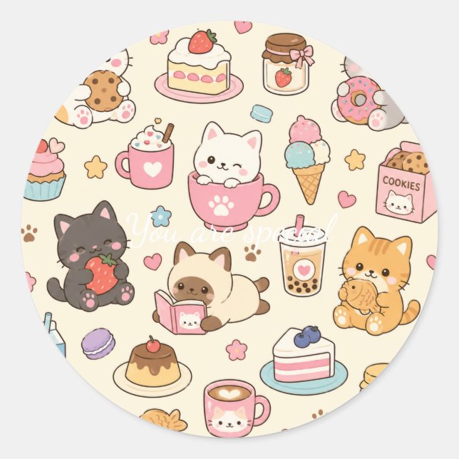 Sticker Rond Cute Kawaii Cat Café Pattern | Coffee and Dessert  (Devant)