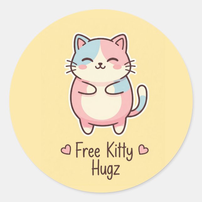 Sticker Rond Cute Kawaii Cat Free Pup Hugz Pastel Die-Cut Stick (Devant)