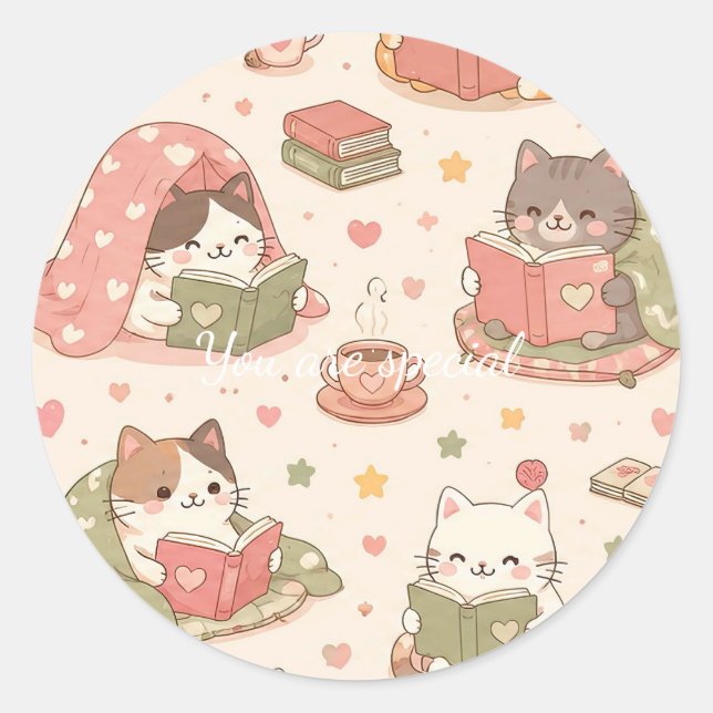 Sticker Rond Cute Kawaii Cat Heart Book Pattern (Devant)