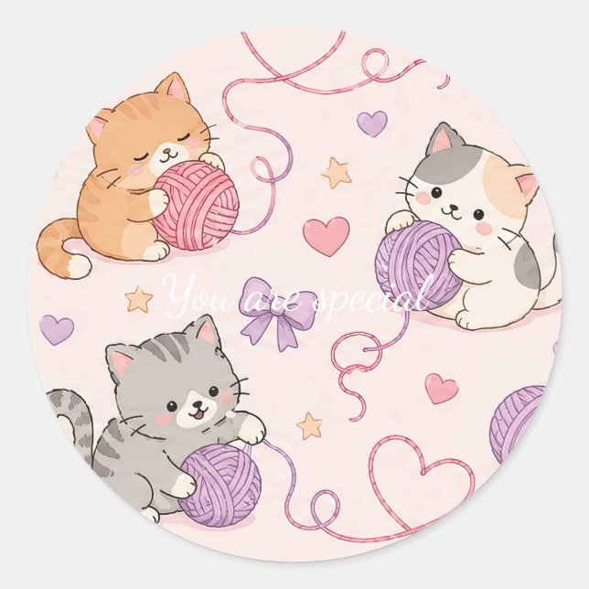 Sticker Rond Cute Kawaii Cat Love Yarn Pattern (Devant)
