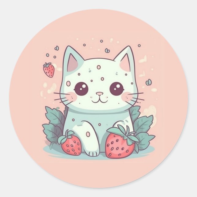 Sticker Rond Cute kawaii chat avec fraises (Devant)