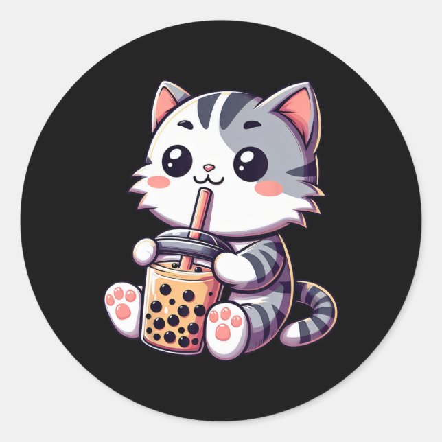 Sticker Rond Cute Kawaii Chat Boba Bubble Thé Lait Anime Neko K (Devant)