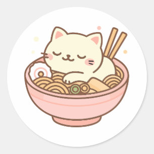 Sticker Rond Cute Kawaii Chat Dormir dans le Ramen Bowl