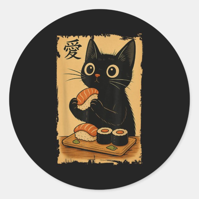 Sticker Rond Cute Kawaii Chat Noir Manger Sushi Drôle Japonais (Devant)