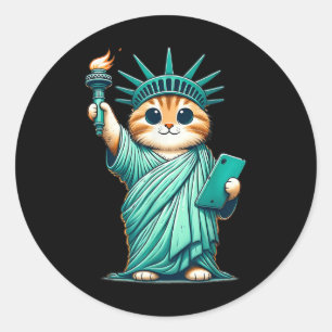 Sticker Rond Cute Kawaii Chat Statue De La Liberté J'Aime New Y