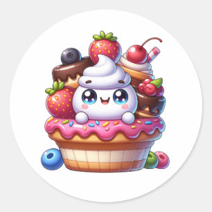 Sticker Rond Cute Kawaii Cupcake aux fraises