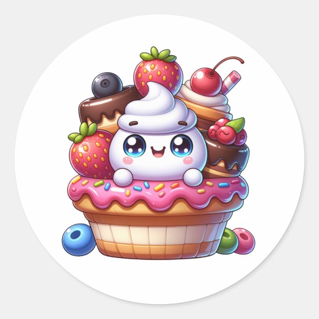 Sticker Rond Cute Kawaii Cupcake aux fraises (Devant)