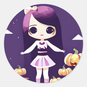 Sticker Rond Cute Kawaii fille avec Halloween Citrouille