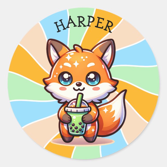 Sticker Rond Cute Kawaii Fox avec thé bulle Personnalisé (Devant)