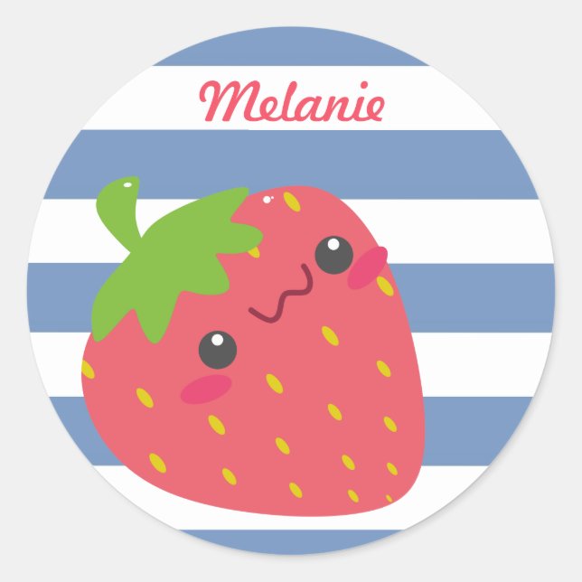 Sticker Rond Cute Kawaii fraise rayée personnalisée (Devant)