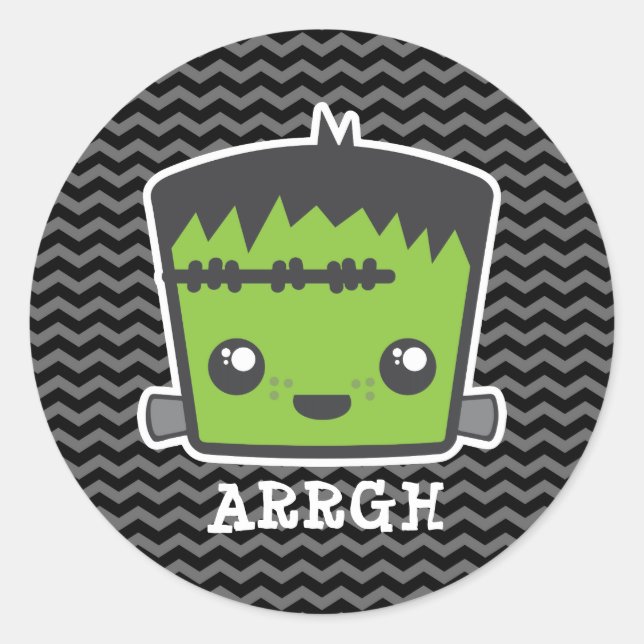 Sticker Rond Cute Kawaii Frankenstein Monster Halloween (Devant)