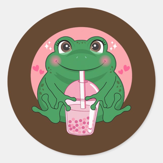 Sticker Rond Cute Kawaii Frog Boba Bubble Tea Femmes Hommes Ado (Devant)