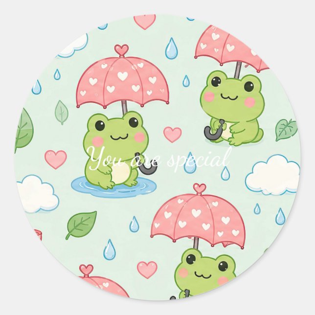 Sticker Rond Cute Kawaii Frog Heart Umbrella Pattern (Devant)
