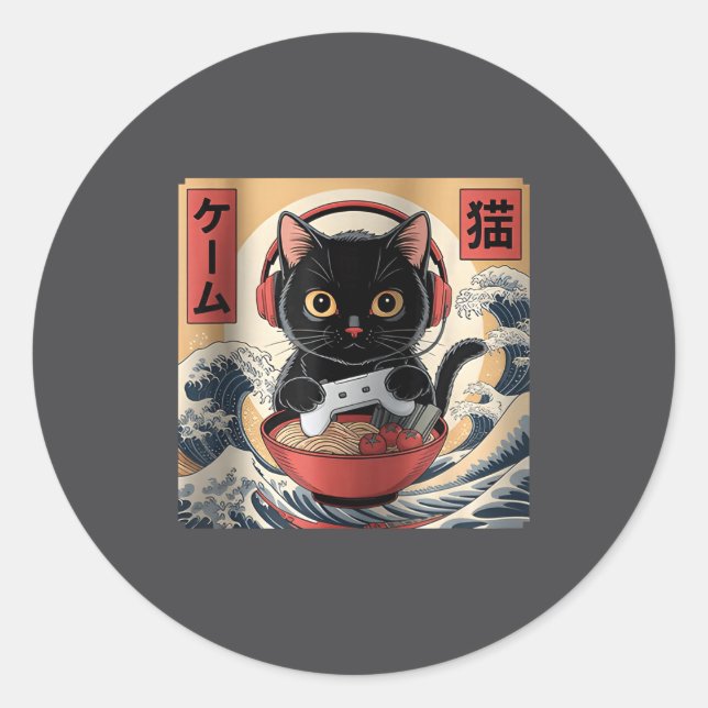 Sticker Rond Cute Kawaii Gamer Cat Funny Ramen Retro Japanese C (Devant)