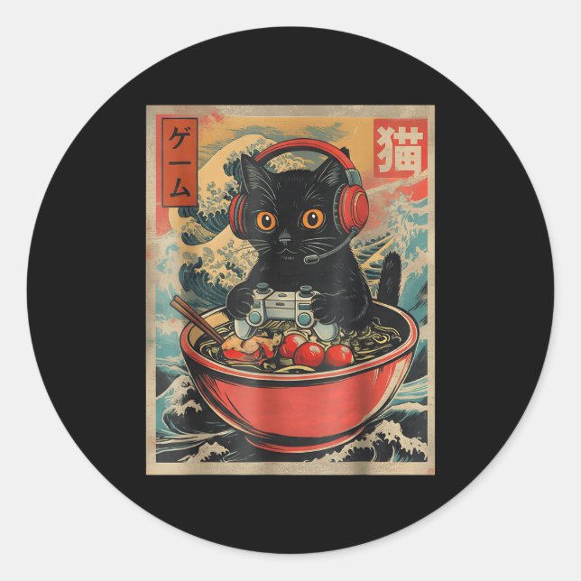 Sticker Rond Cute Kawaii Gamer Cat Funny Ramen Retro Japanese C (Devant)