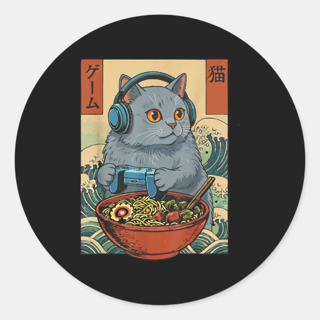 Sticker Rond Cute Kawaii Gamer Cat Funny Ramen Retro Japanese C (Devant)