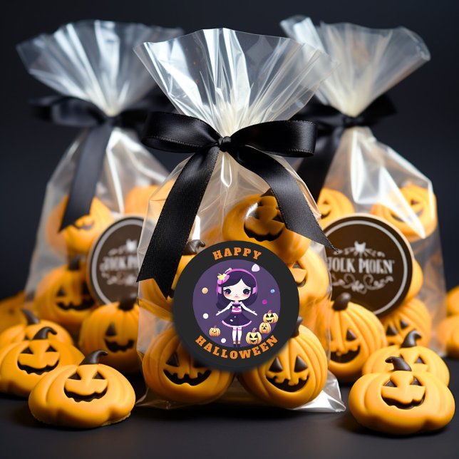 Sticker Rond Cute Kawaii Girl en Halloween Citrouille (Créateur téléchargé)