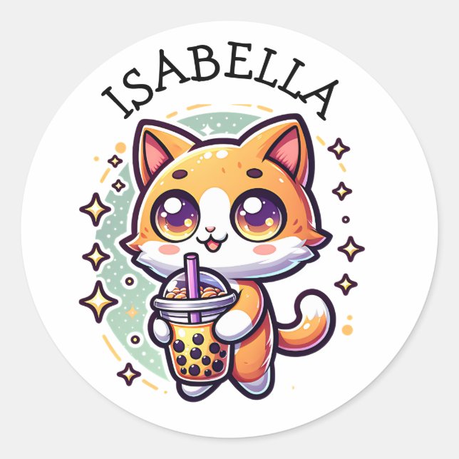 Sticker Rond Cute Kawaii Kitten avec thé à bulle Personnalisé (Devant)
