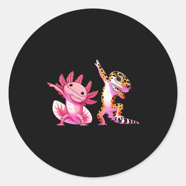 Sticker Rond Cute Kawaii Leopard Gecko Dabbing Axolotl Friends  (Devant)