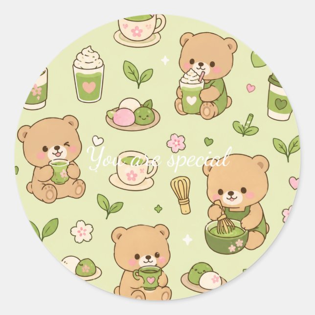 Sticker Rond Cute Kawaii Matcha Teddy Bear Pattern | Green Tea  (Devant)