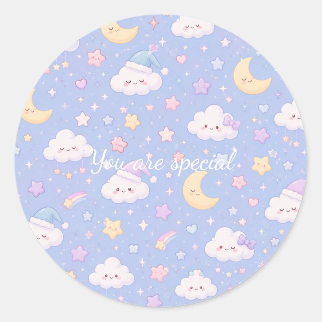 Sticker Rond Cute Kawaii Moon & Clouds Pattern | Dreamy Pastel  (Devant)