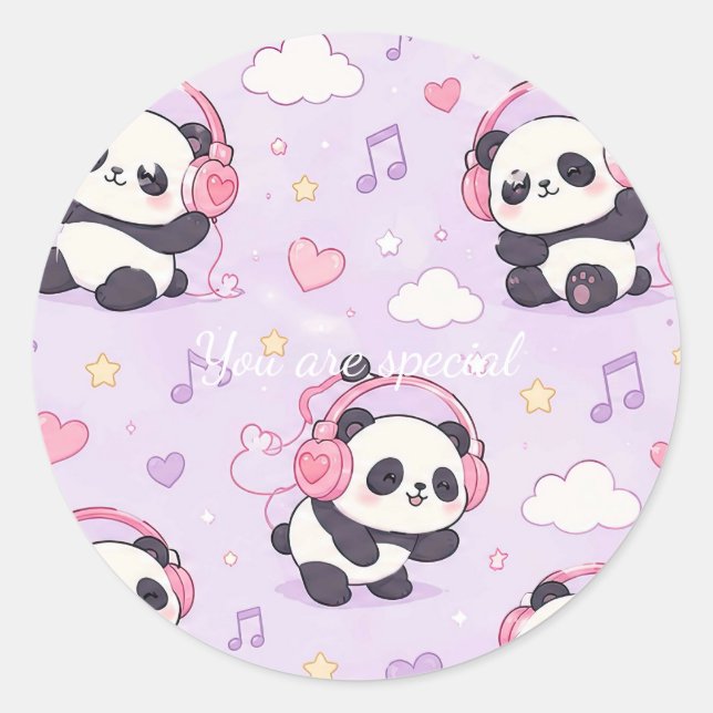 Sticker Rond Cute Kawaii Panda Love Music Pattern (Devant)