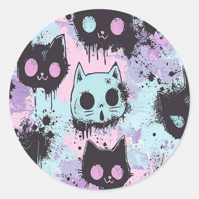 Sticker Rond Cute Kawaii Pastel Goth Chat Déplaisant (Devant)