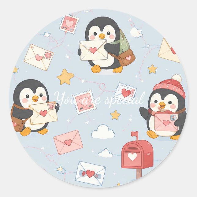 Sticker Rond Cute Kawaii Penguin Love Mail Pattern (Devant)